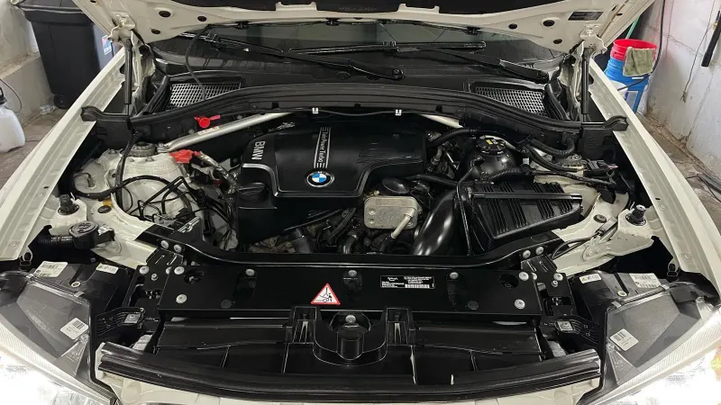 BMW engine bay after steam degreasing and satin dressing at Golden Auto Detailing, Lincoln NE